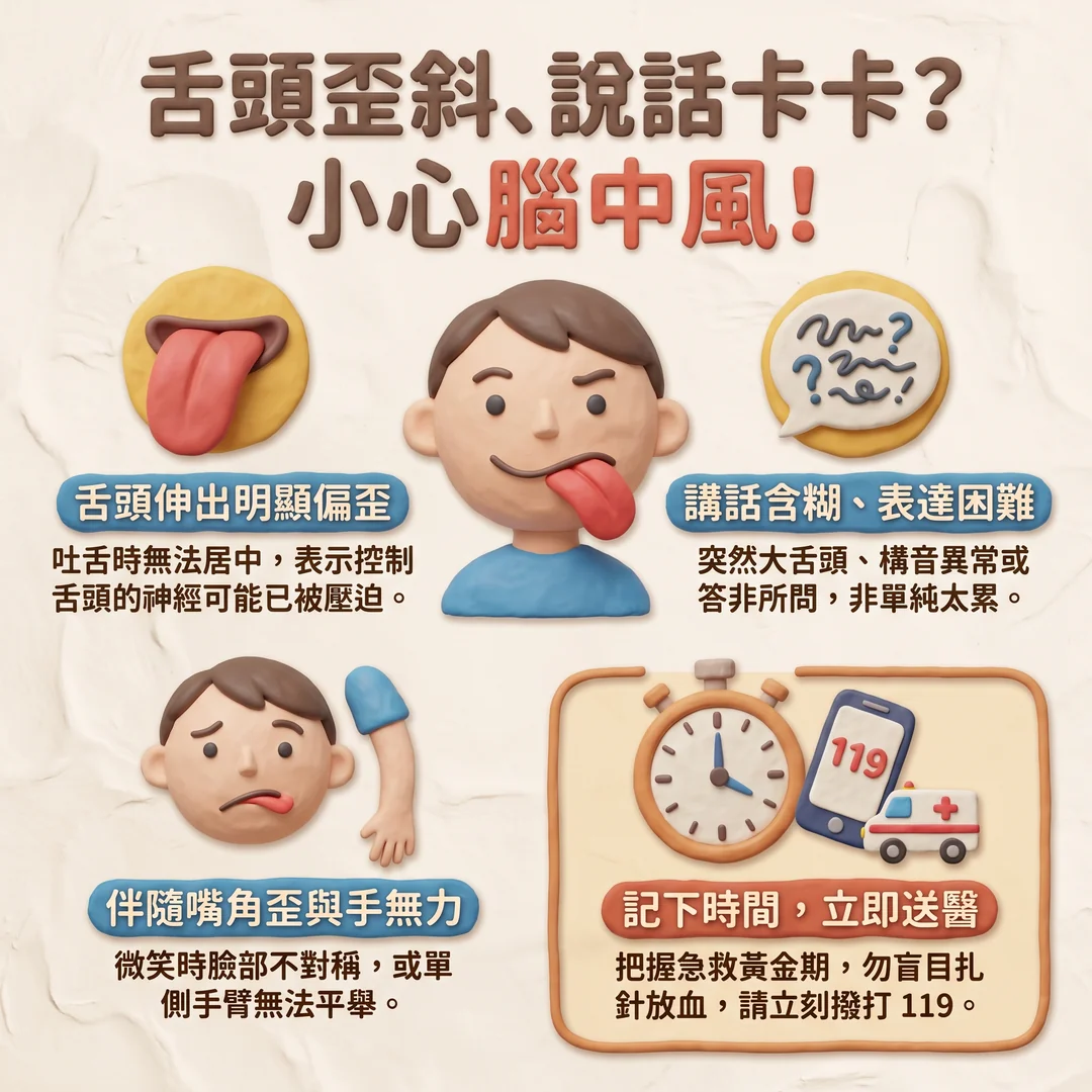 辨識腦中風徵兆圖解（圖／AI生成製圖）