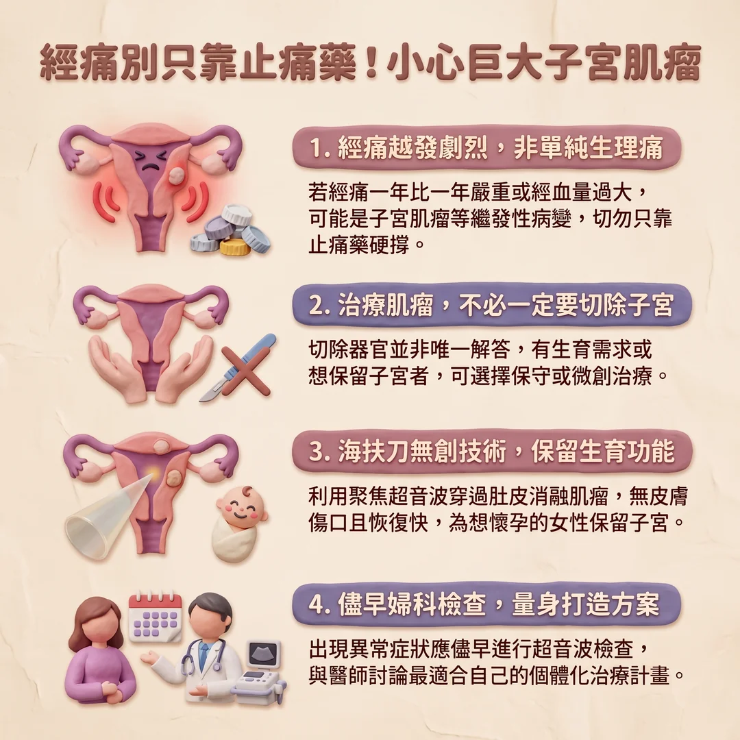 經痛與子宮肌瘤衛教指南(圖/AI生成製圖)