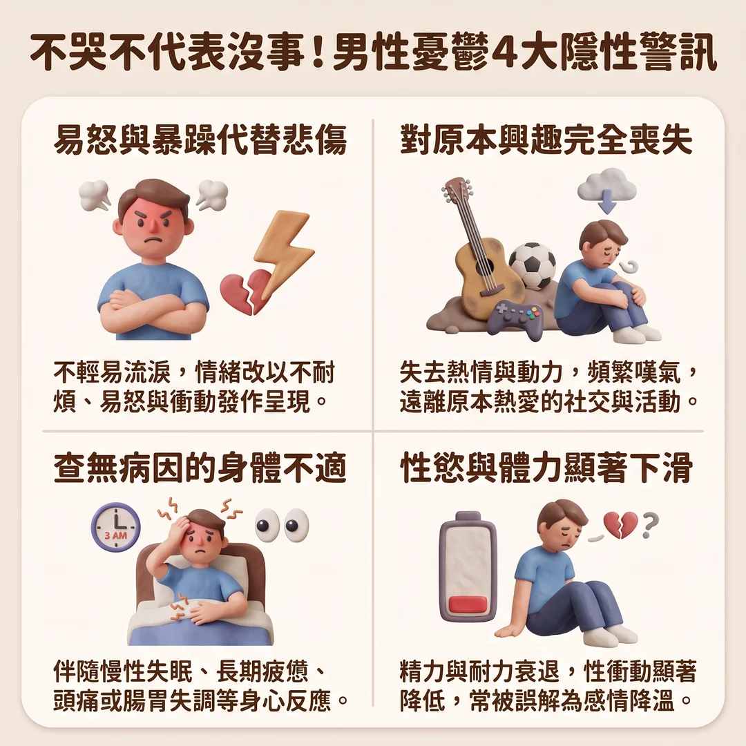 男性憂鬱四大隱性警訊(圖/AI生成製圖)