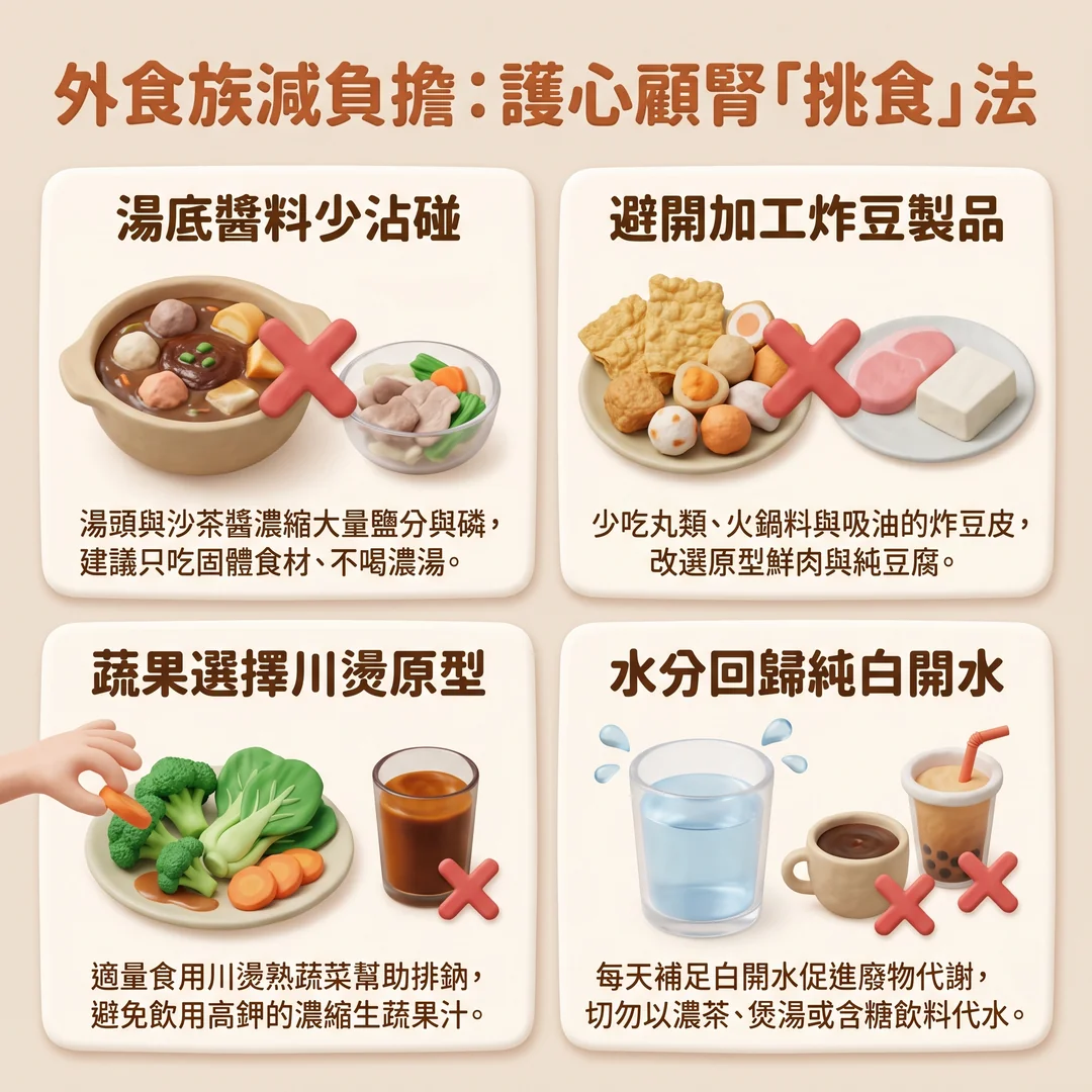 外食族護心顧腎挑食指南（圖／AI生成製圖）