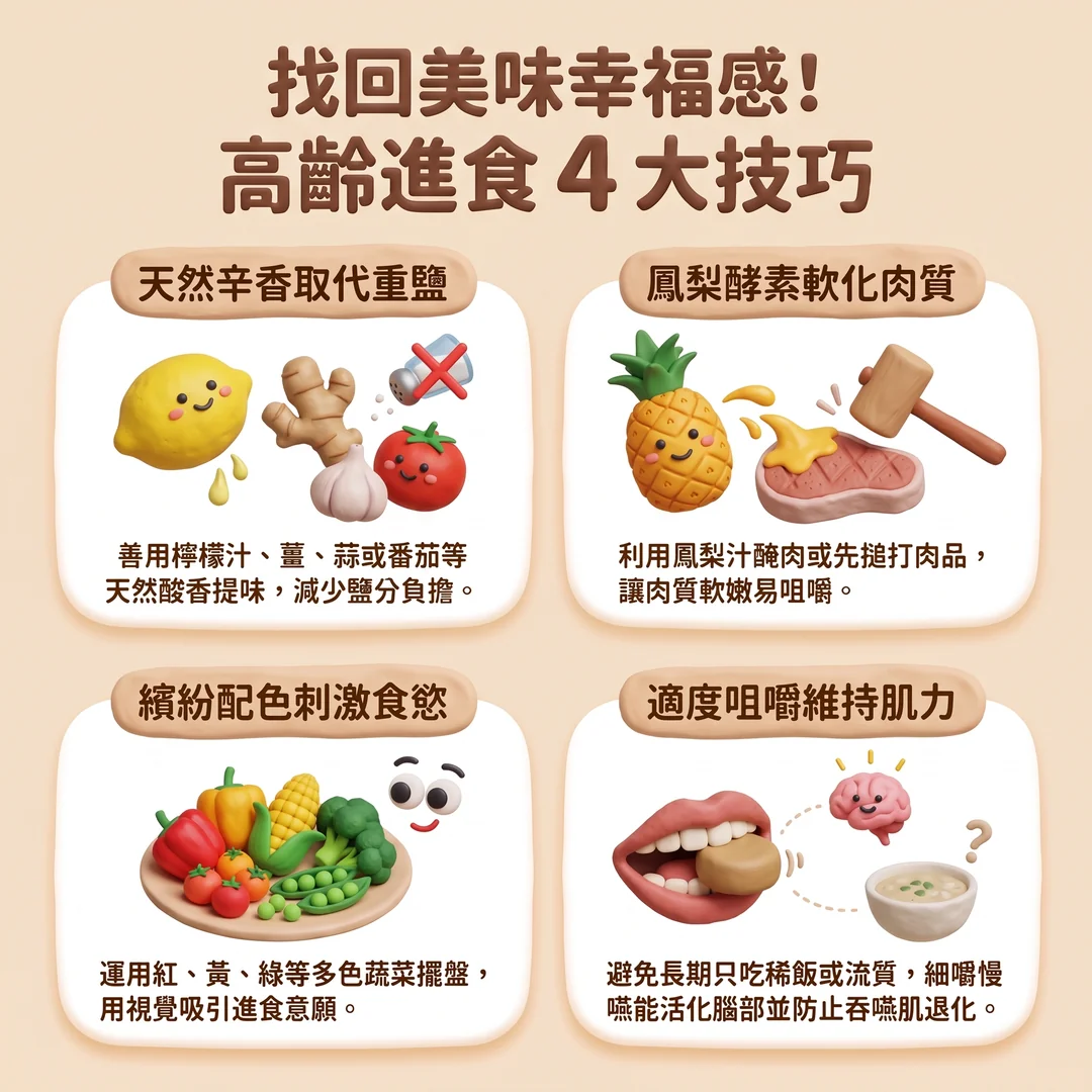 高齡進食四大技巧（圖／AI生成製圖）