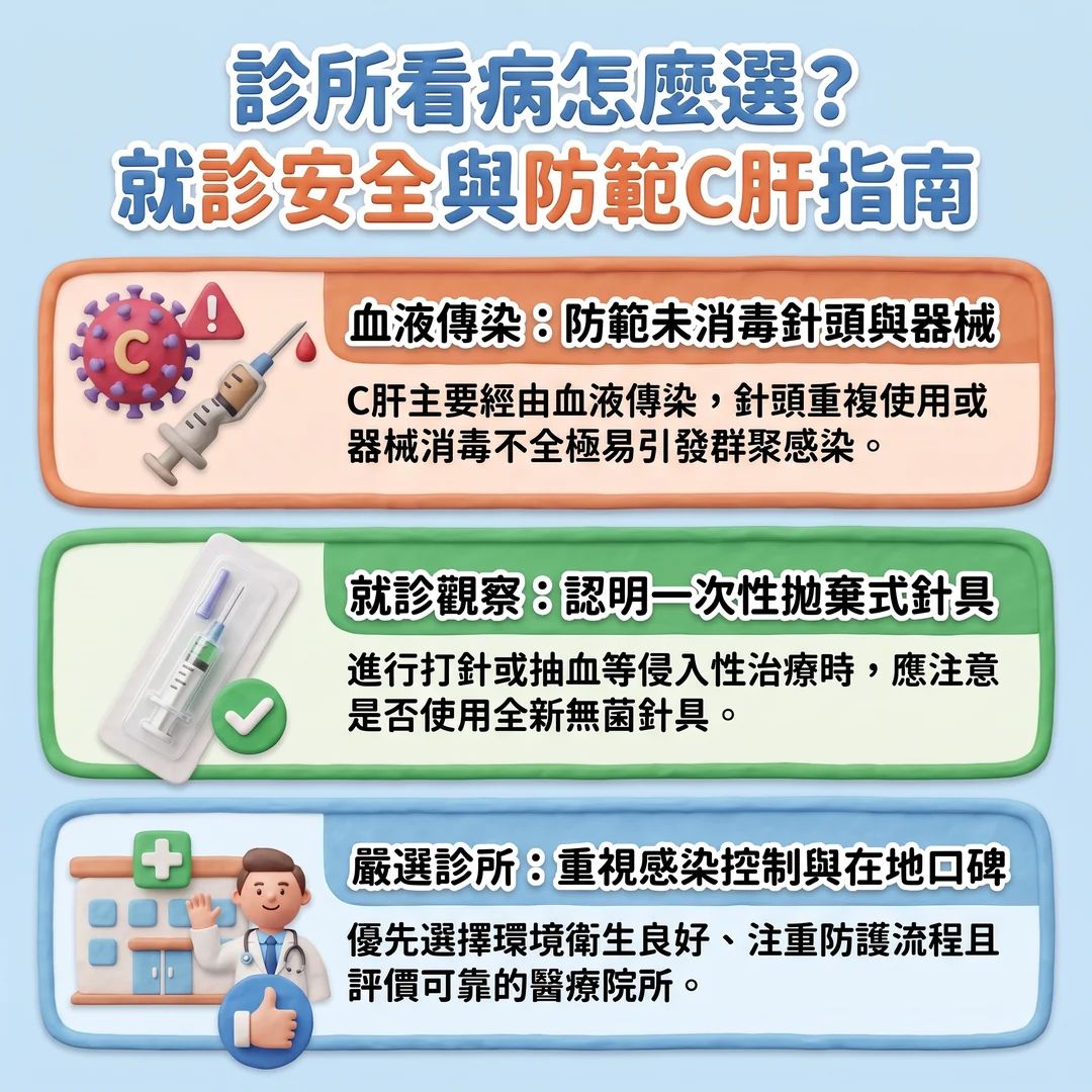 診所就診安全與防C肝指南（圖／AI生成製圖）