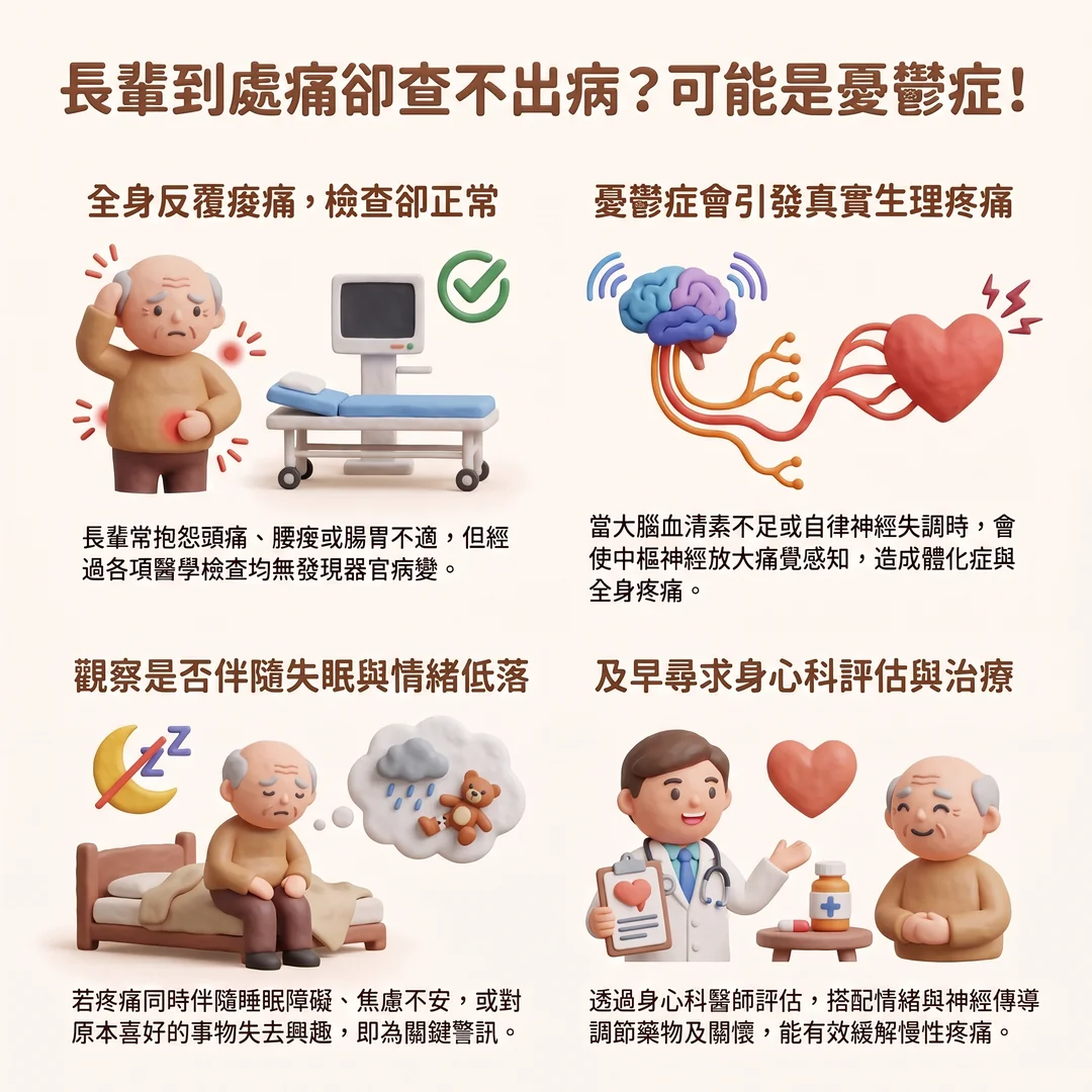長輩莫名疼痛與憂鬱症（圖／AI生成製圖）