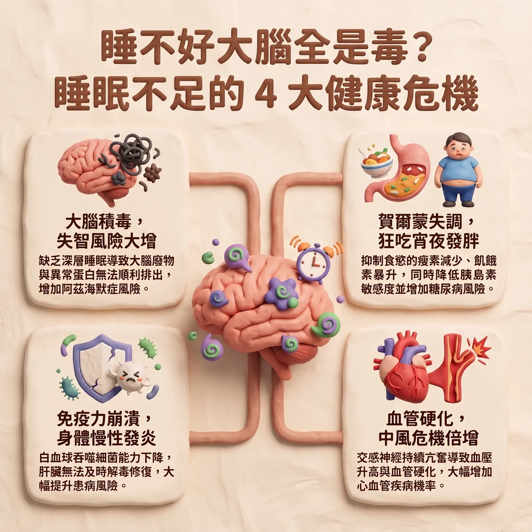 睡眠不足四大健康危機（圖／AI生成製圖）