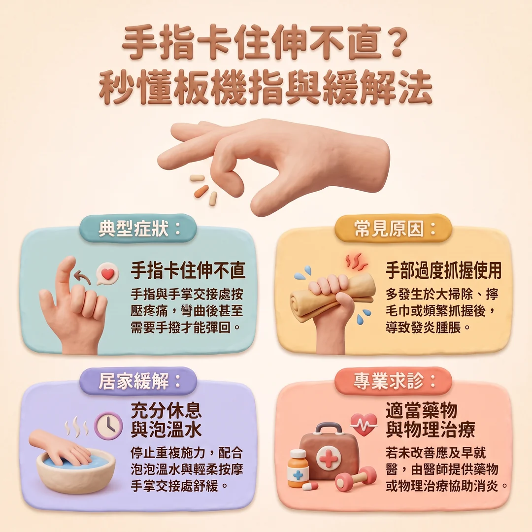 板機指症狀與緩解指南（圖／AI生成製圖）