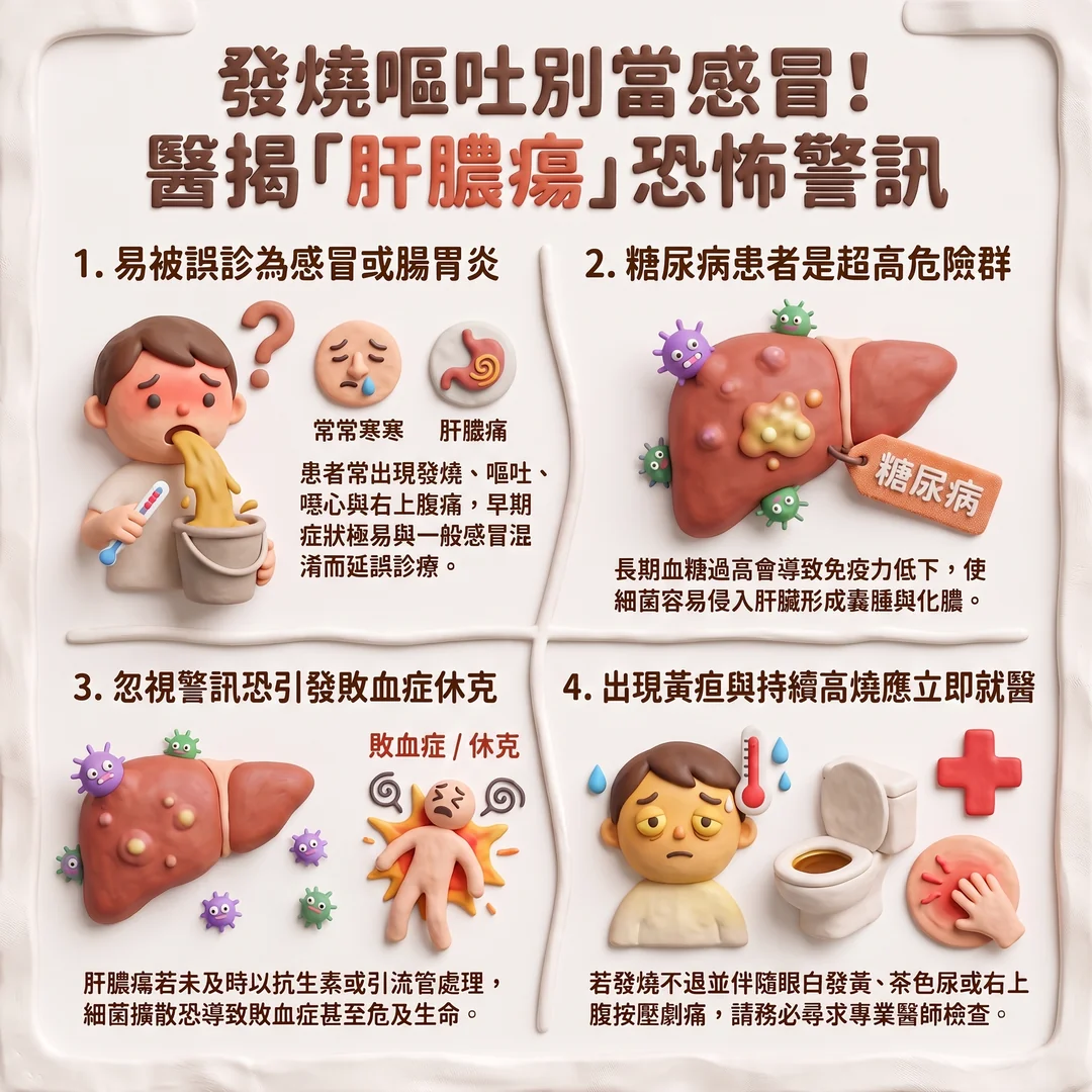 肝膿瘍症狀與就醫警訊（圖／AI生成製圖）