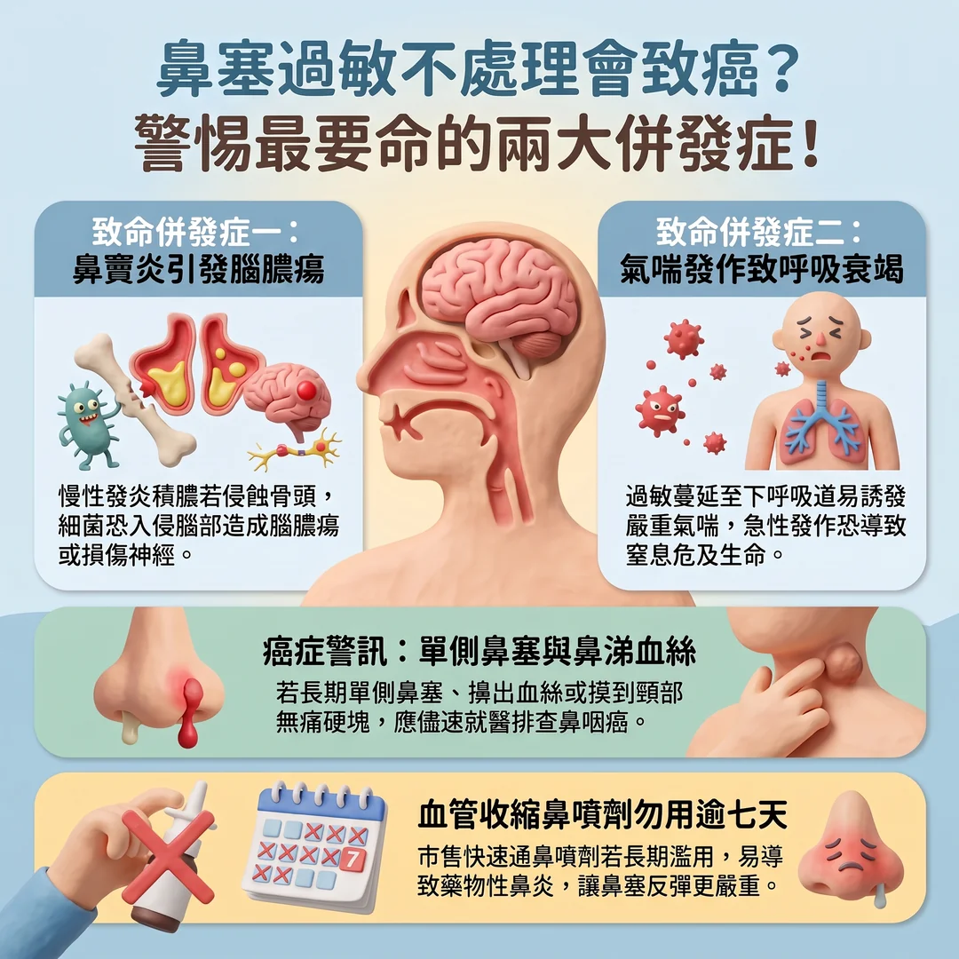 鼻塞過敏致命併發症圖解(圖/AI生成製圖)