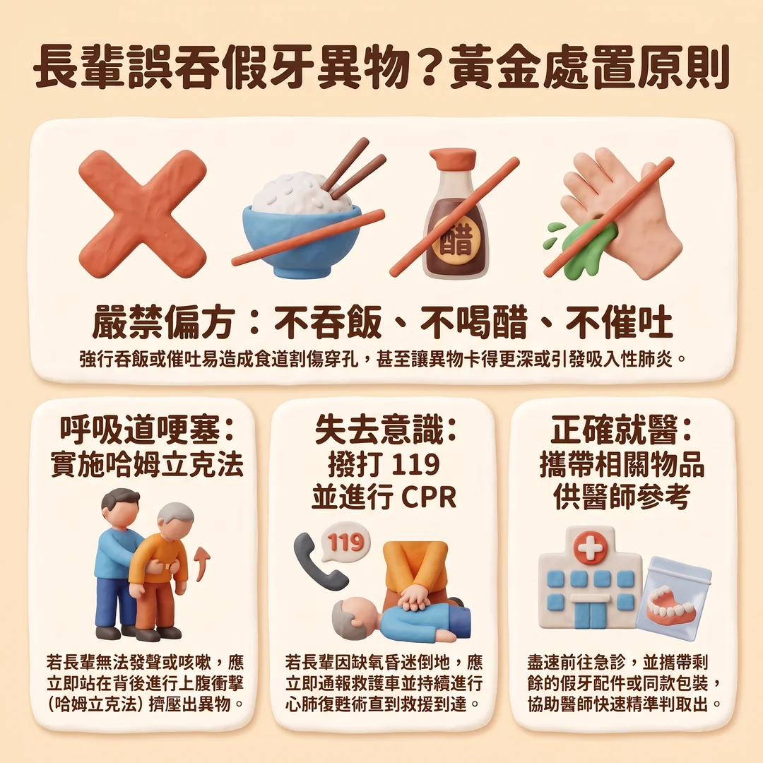 長輩誤吞假牙處置指南（圖／AI生成製圖）