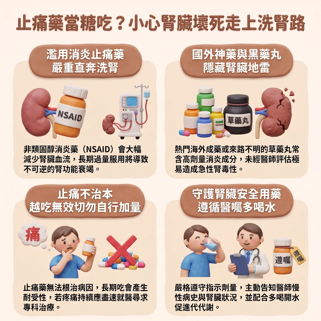 止痛藥與腎臟健康宣導（圖／AI生成製圖）