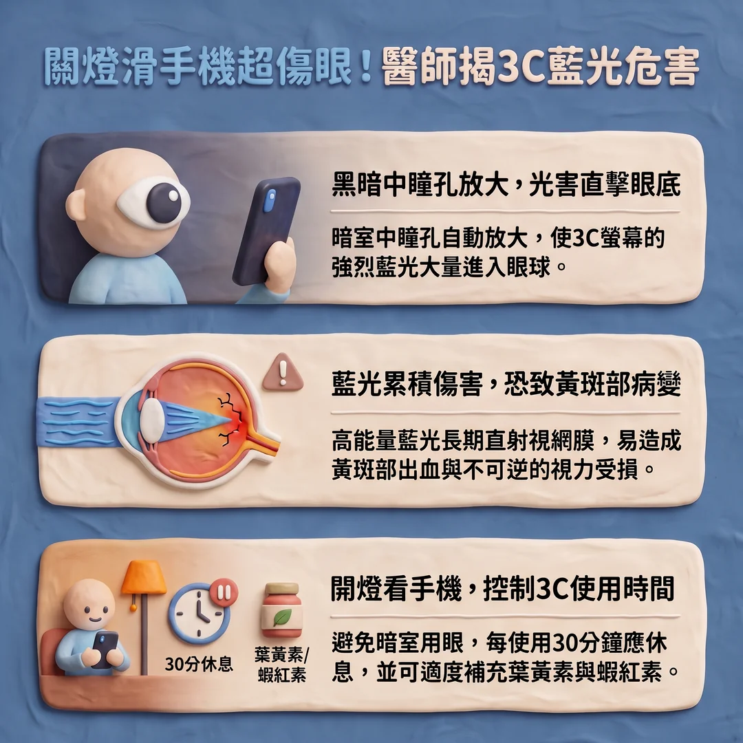 關燈滑手機超傷眼（圖／AI生成製圖）