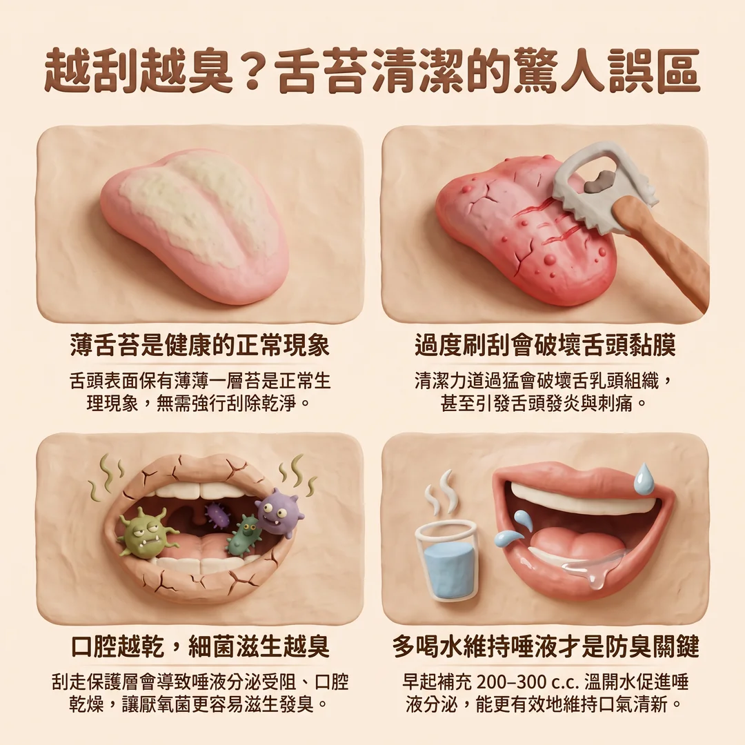 舌苔清潔的驚人誤區（圖／AI生成製圖）