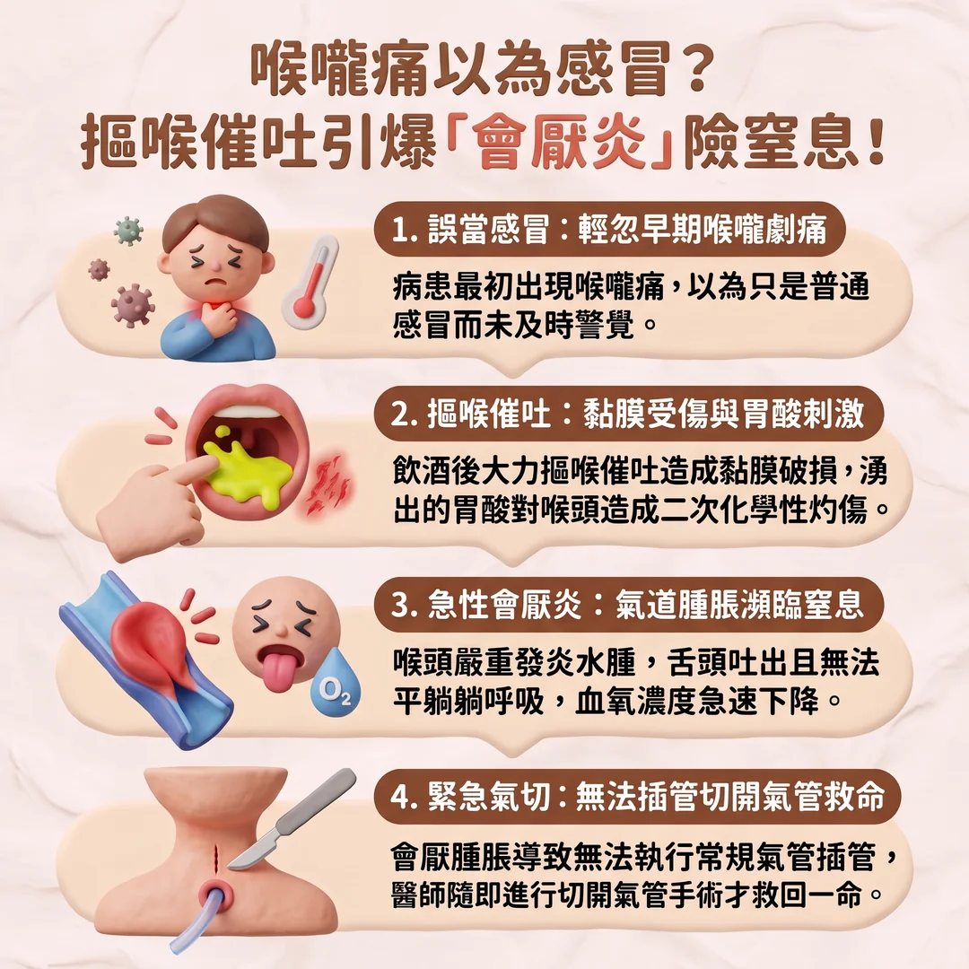 摳喉催吐引發會厭炎（圖／AI生成製圖）