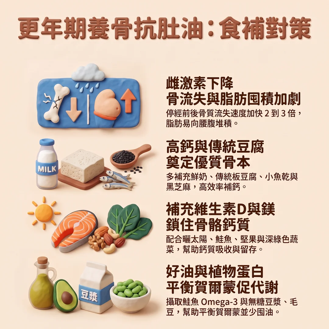 更年期養骨抗肚油食補對策(圖/AI生成製圖)