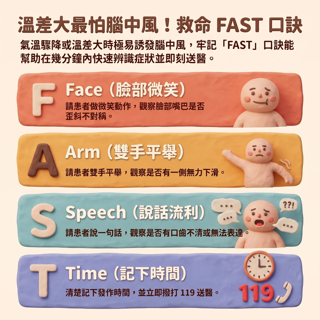 腦中風救命 FAST 口訣(圖/AI生成製圖)