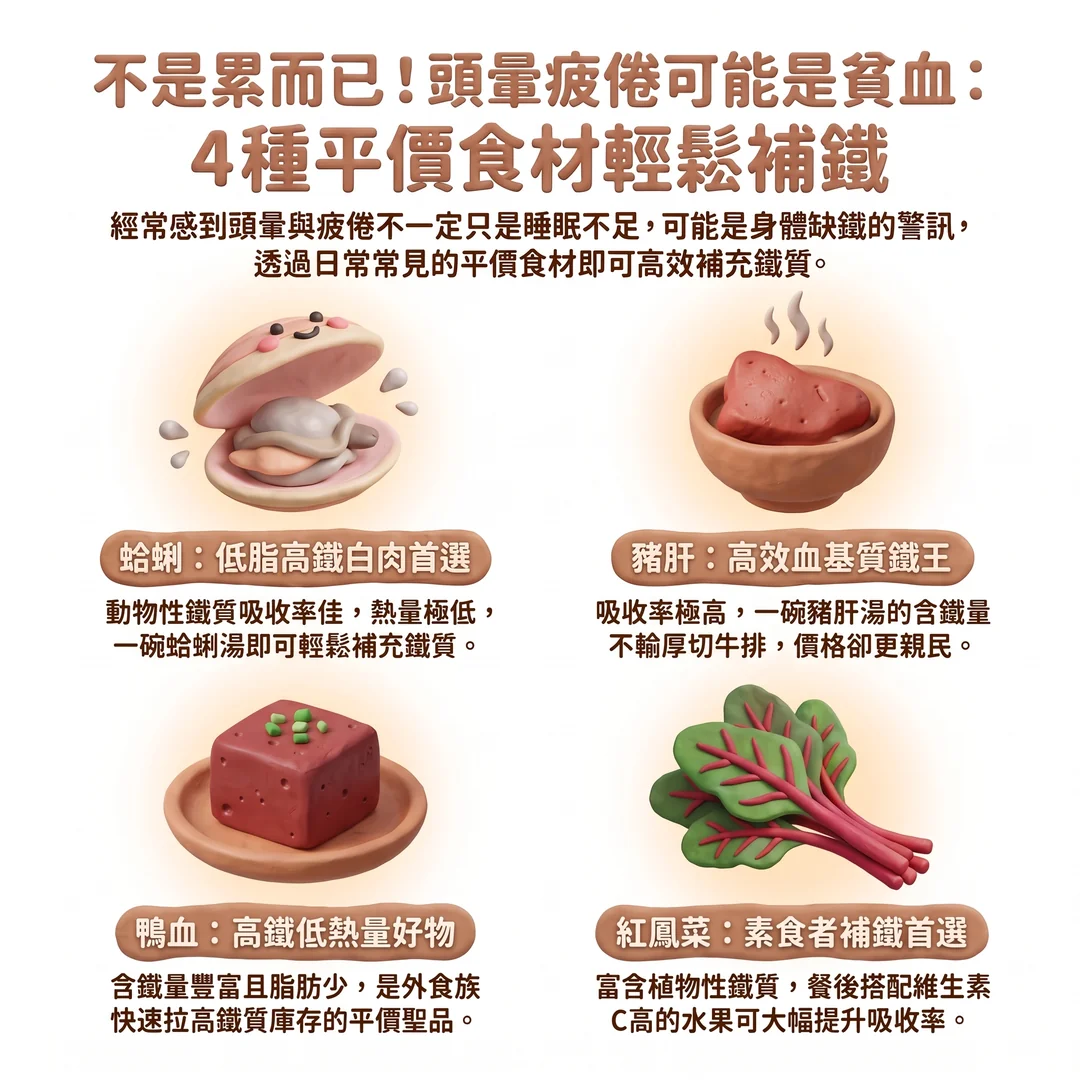 4種平價<a href='/search/tags/補鐵食材/' target='_blank'>補鐵食材</a>（圖／AI生成製圖）