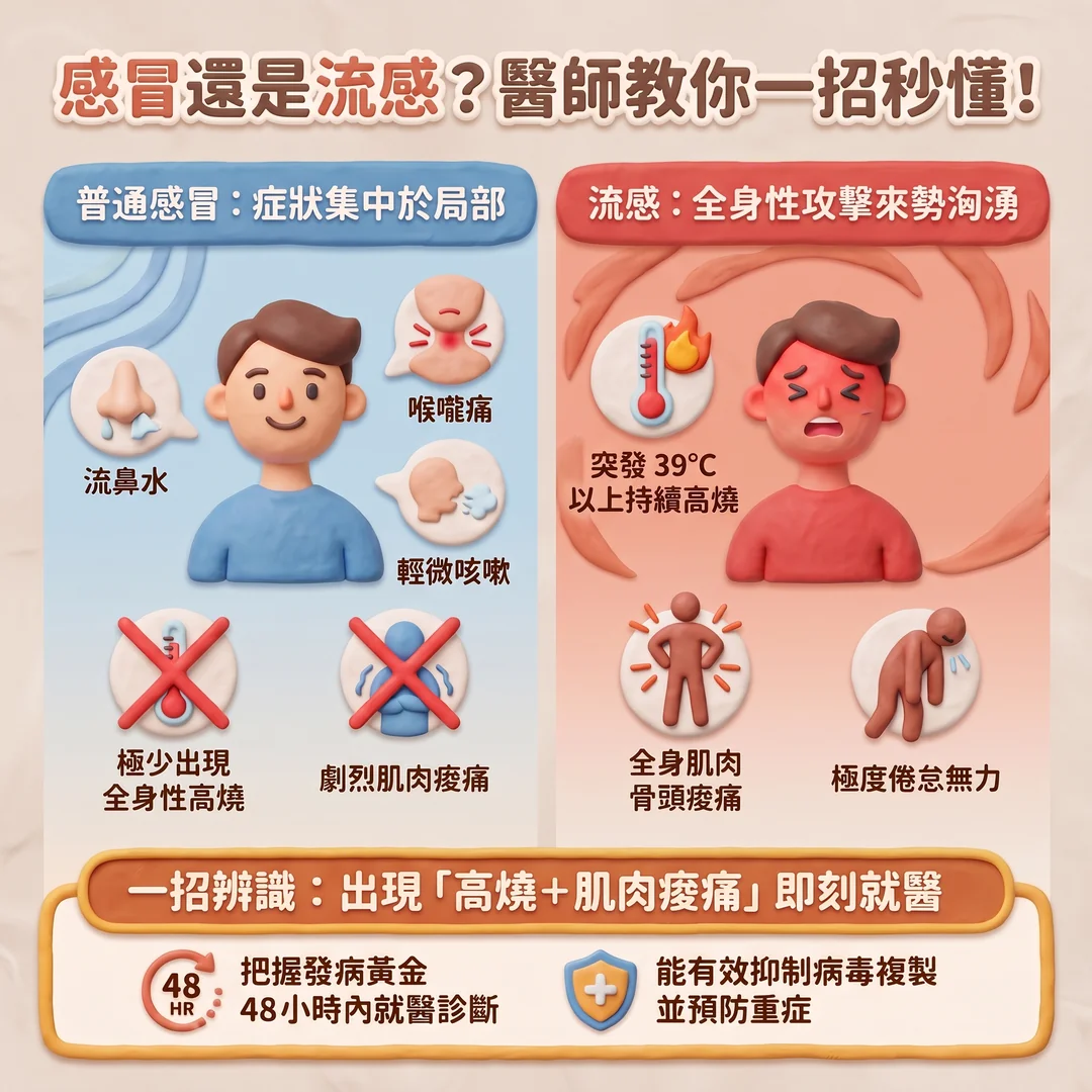 感冒與流感症狀比較（圖／AI生成製圖）