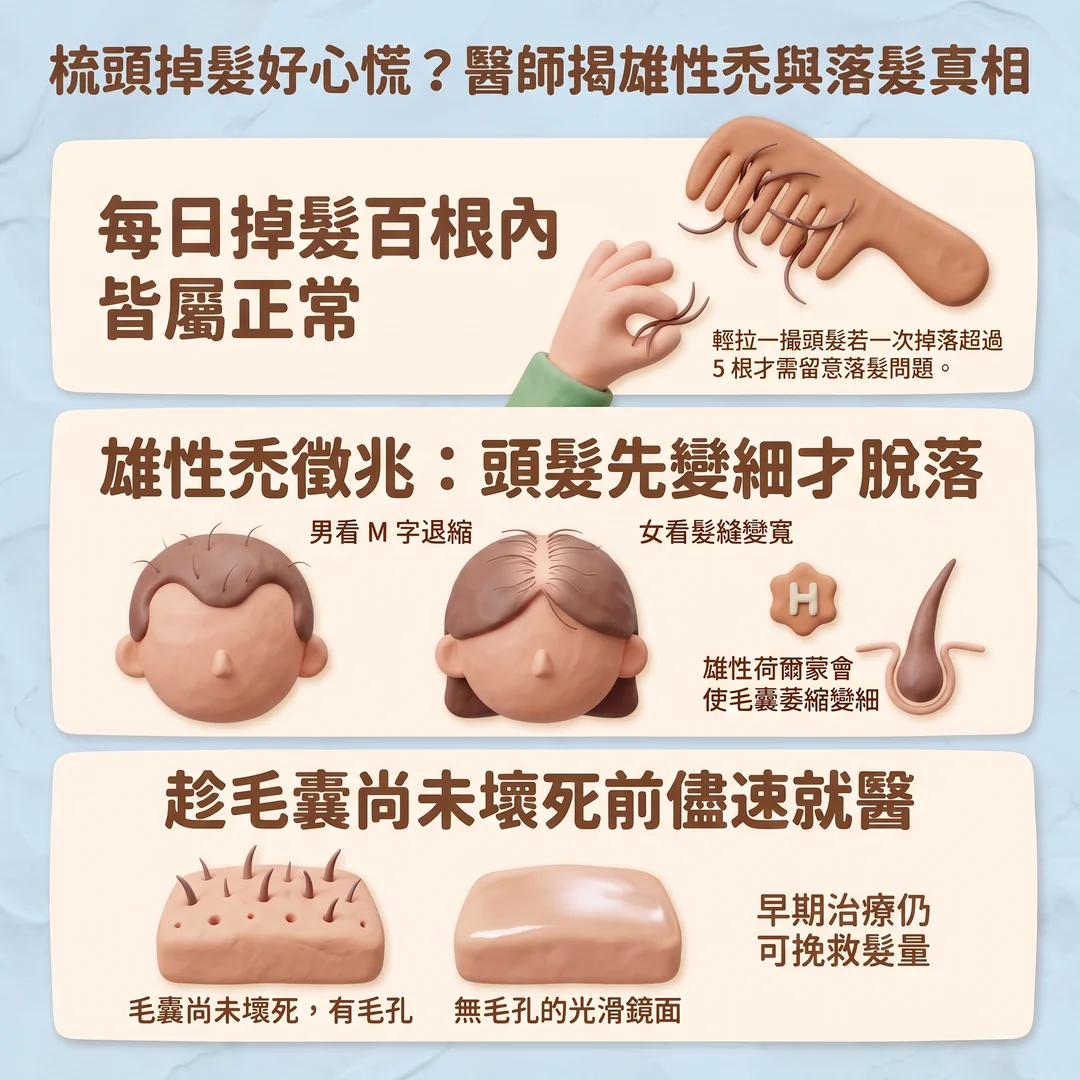 雄性禿與落髮真相衛教（圖／AI生成製圖）
