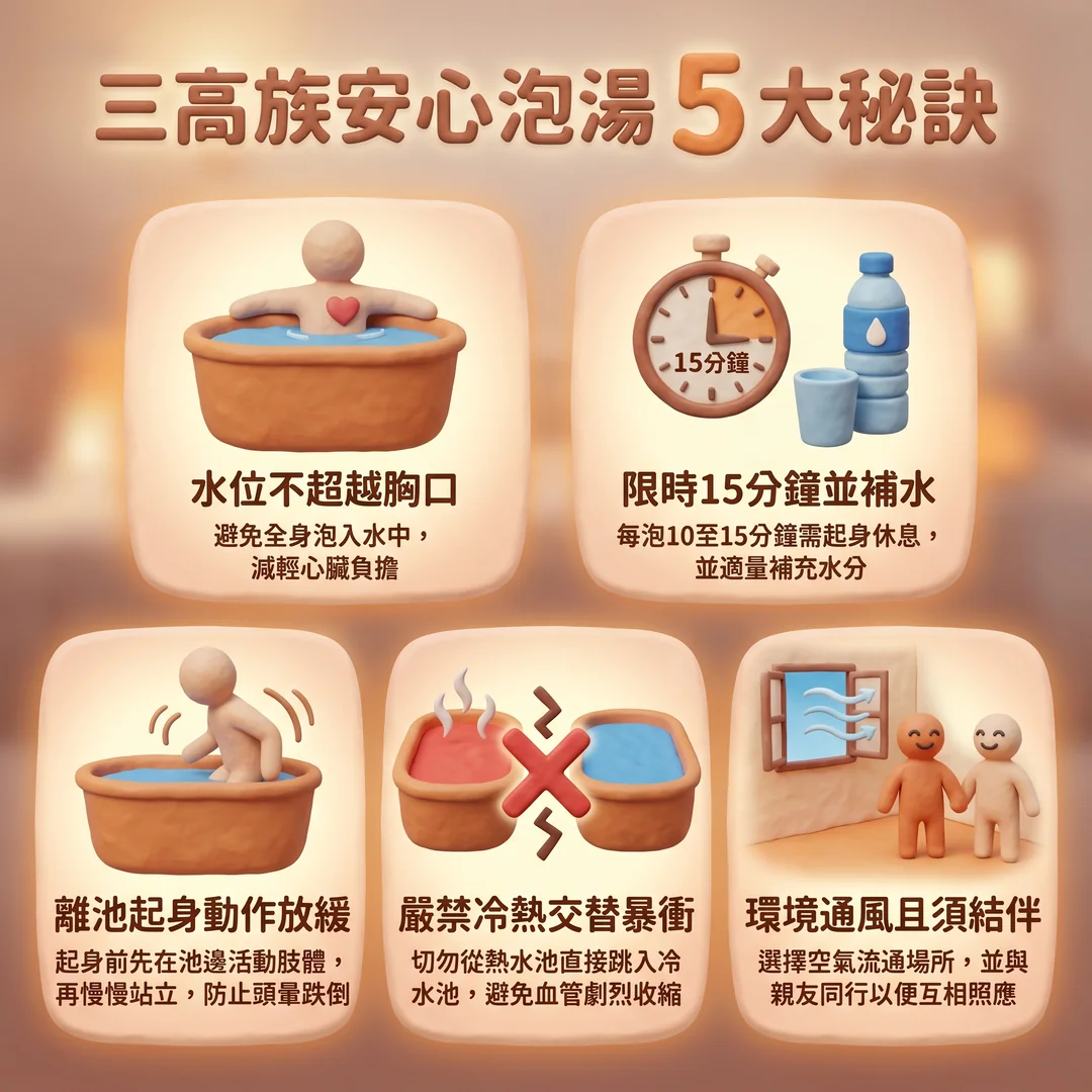 三高族安心泡湯五大秘訣（圖／AI生成製圖）