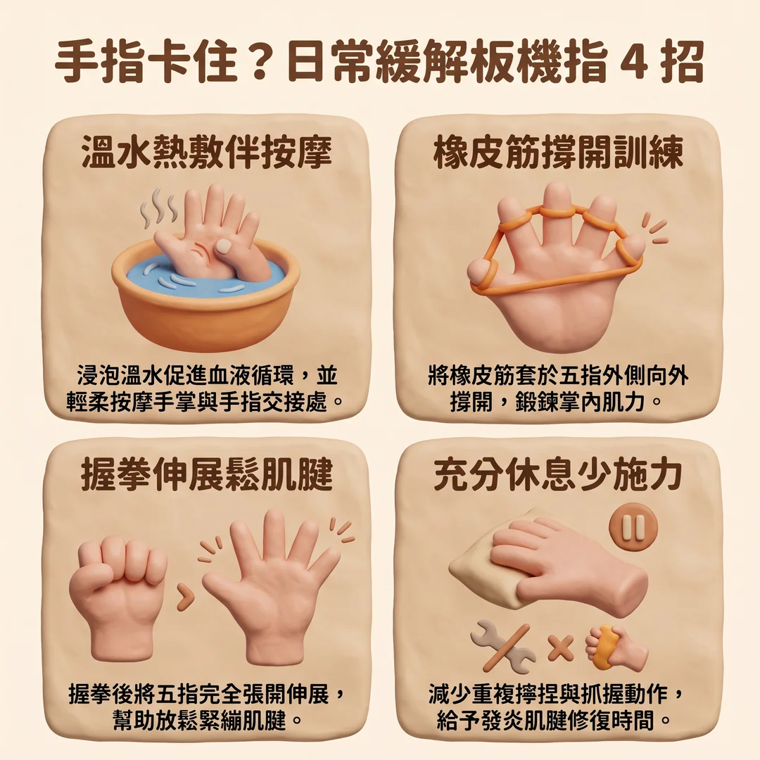 日常緩解板機指四招（圖／AI生成製圖）