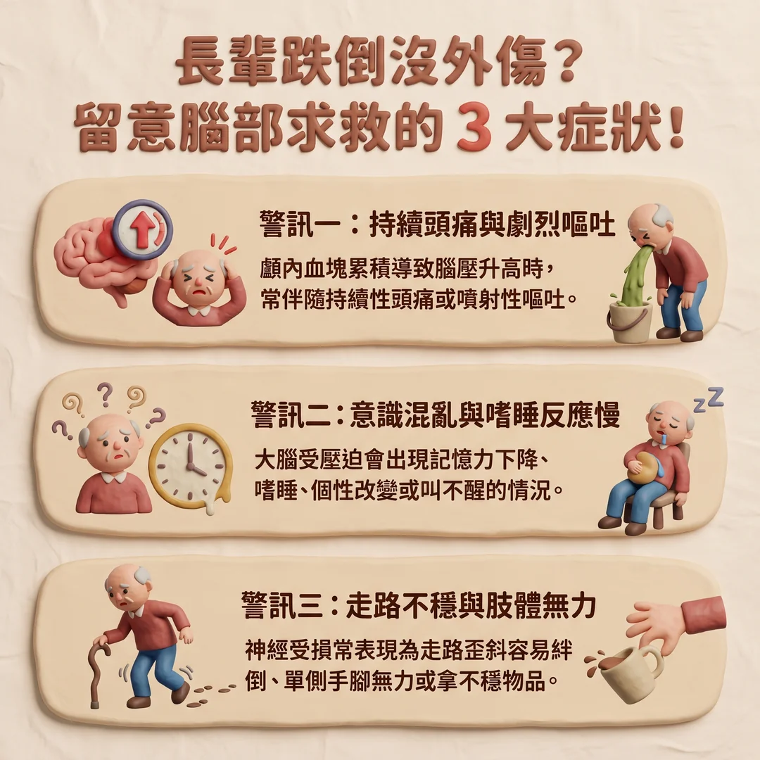 長輩跌倒三大腦部警訊（圖／AI生成製圖）