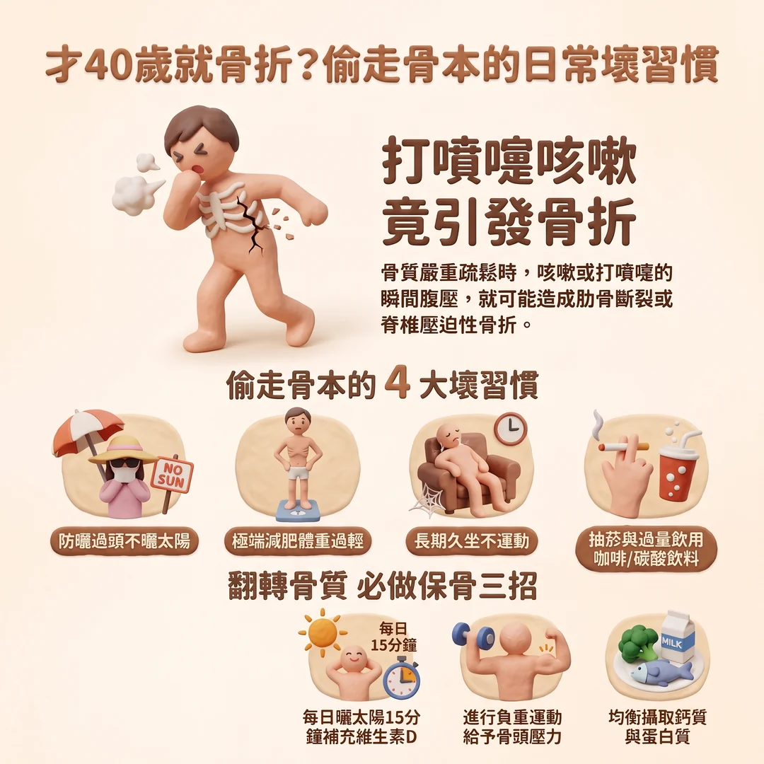 骨質疏鬆原因與保骨三招(圖/AI生成製圖)