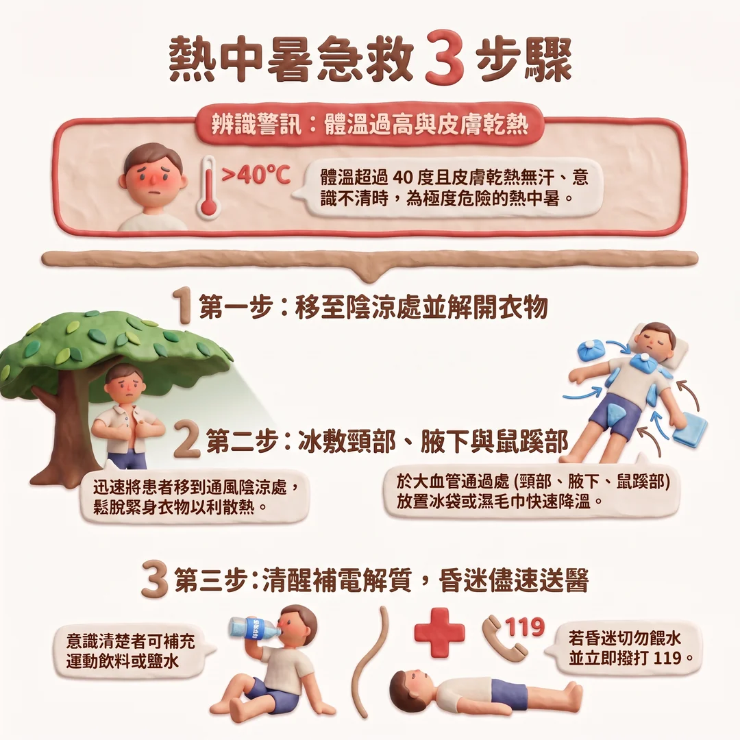 熱中暑急救 3 步驟（圖／AI生成製圖）