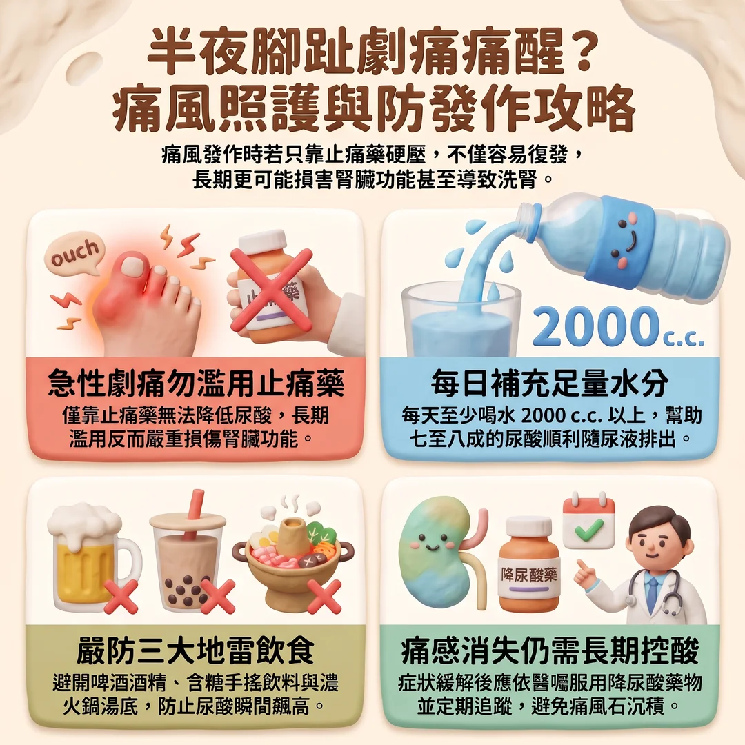 痛風照護與防發作攻略（圖／AI生成製圖）