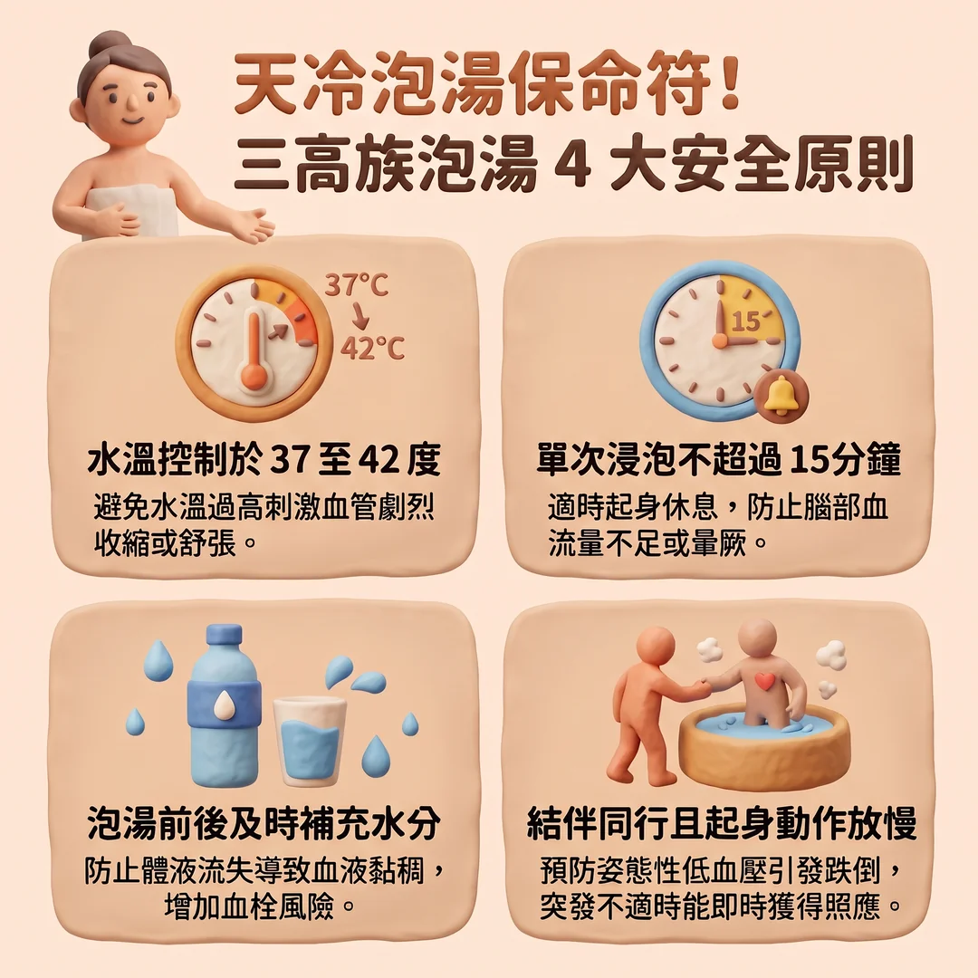 三高族泡湯四大安全原則(圖/AI生成製圖)