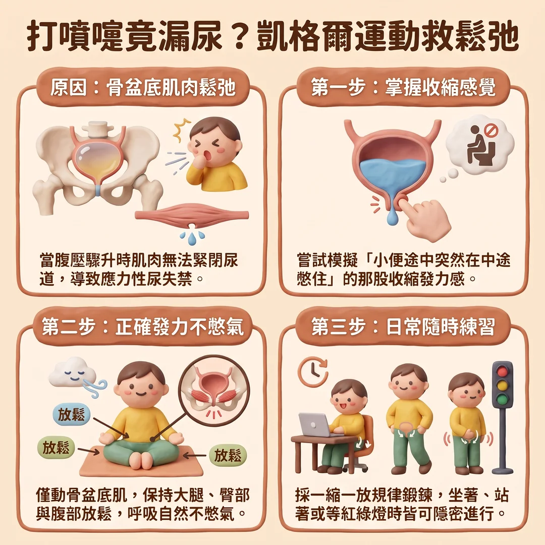 凱格爾運動改善漏尿指南(圖/AI生成製圖)