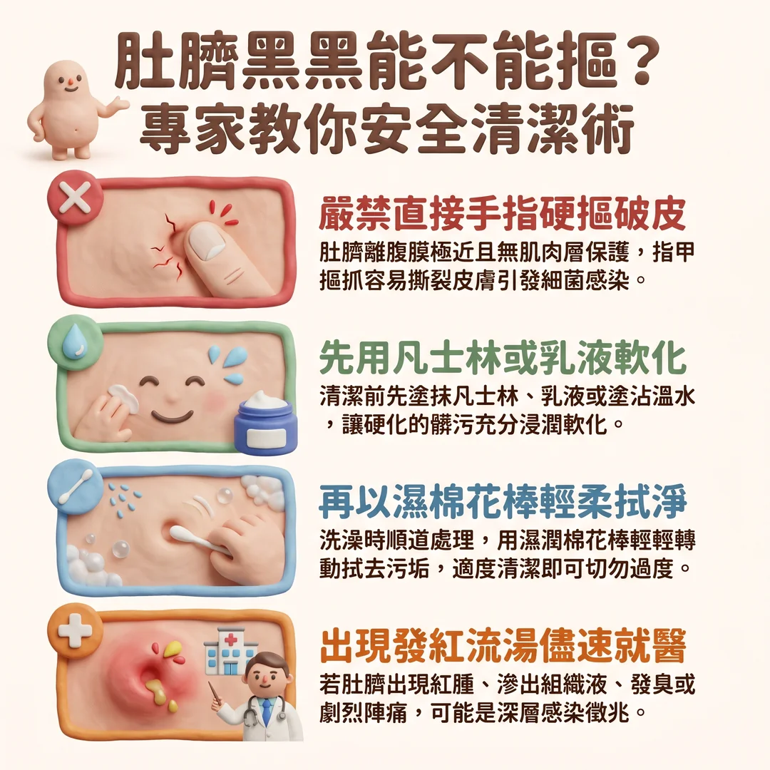 肚臍安全清潔指南（圖／AI生成製圖）