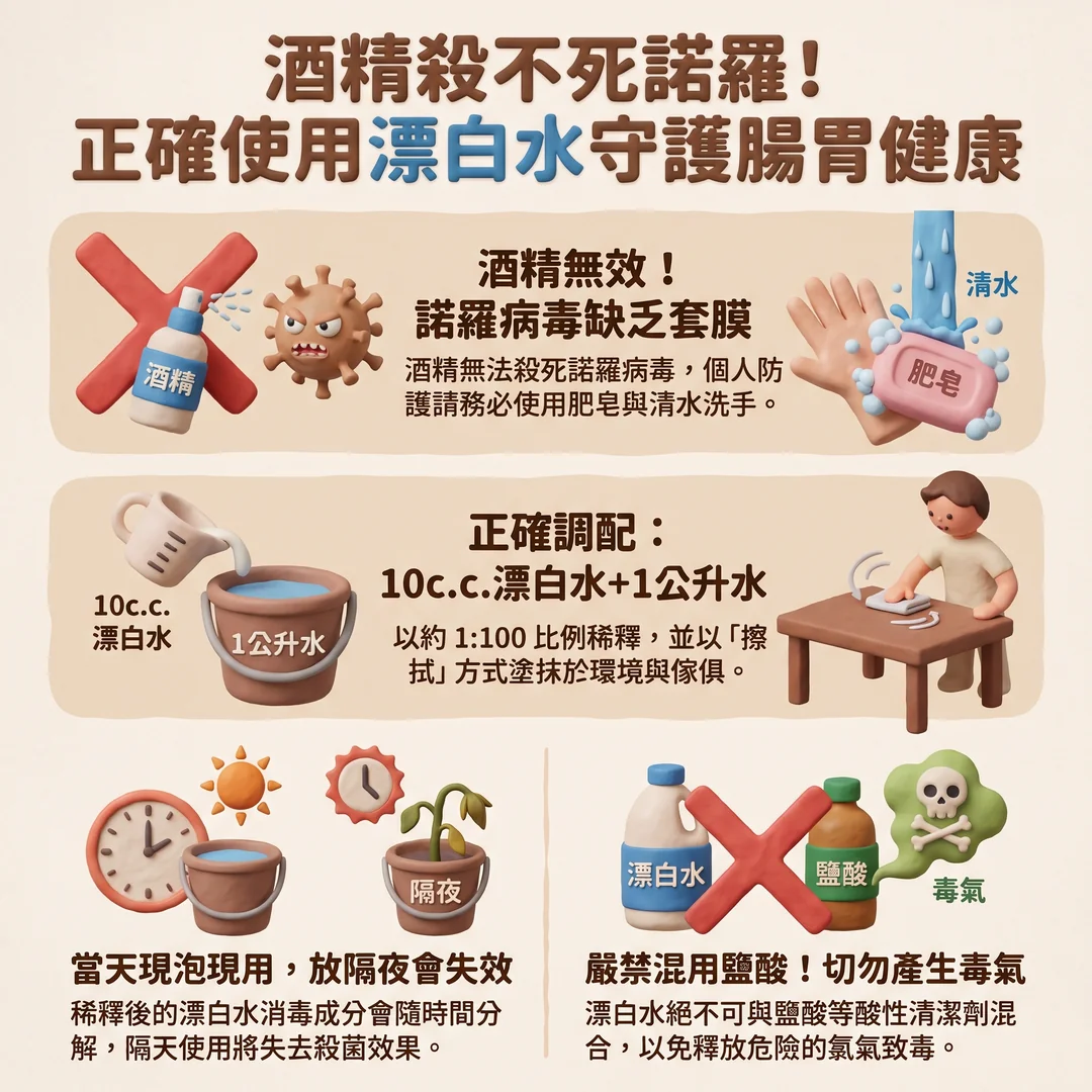 漂白水防治諾羅病毒(圖/AI生成製圖)