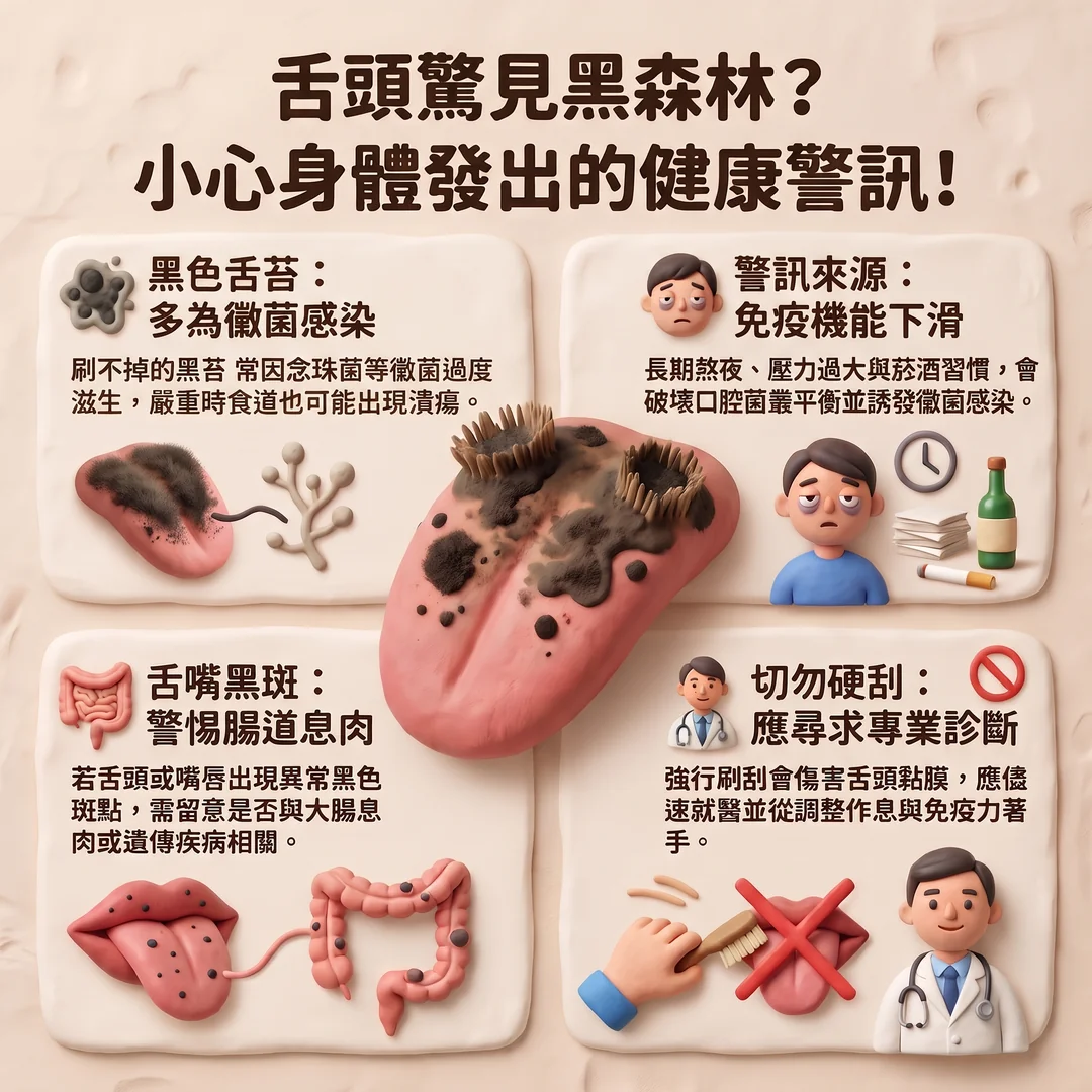舌頭黑苔健康警訊(圖/AI生成製圖)