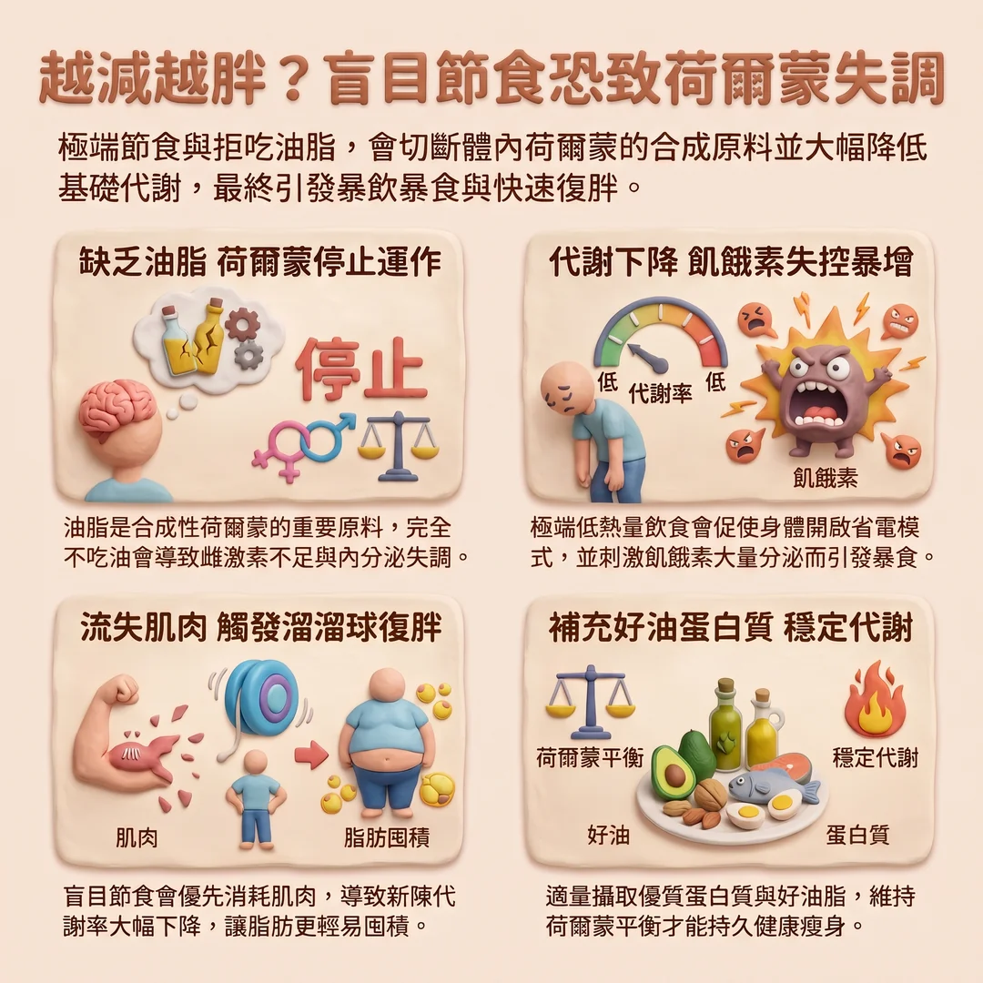 盲目節食與<a href='/search/tags/荷爾蒙失調/' target='_blank'>荷爾蒙失調</a>（圖／AI生成製圖）