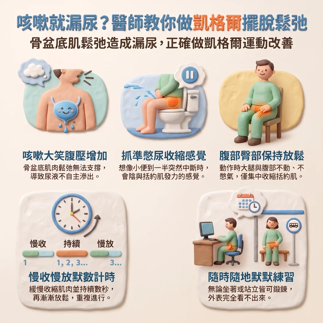凱格爾運動改善漏尿指南(圖/AI生成製圖)