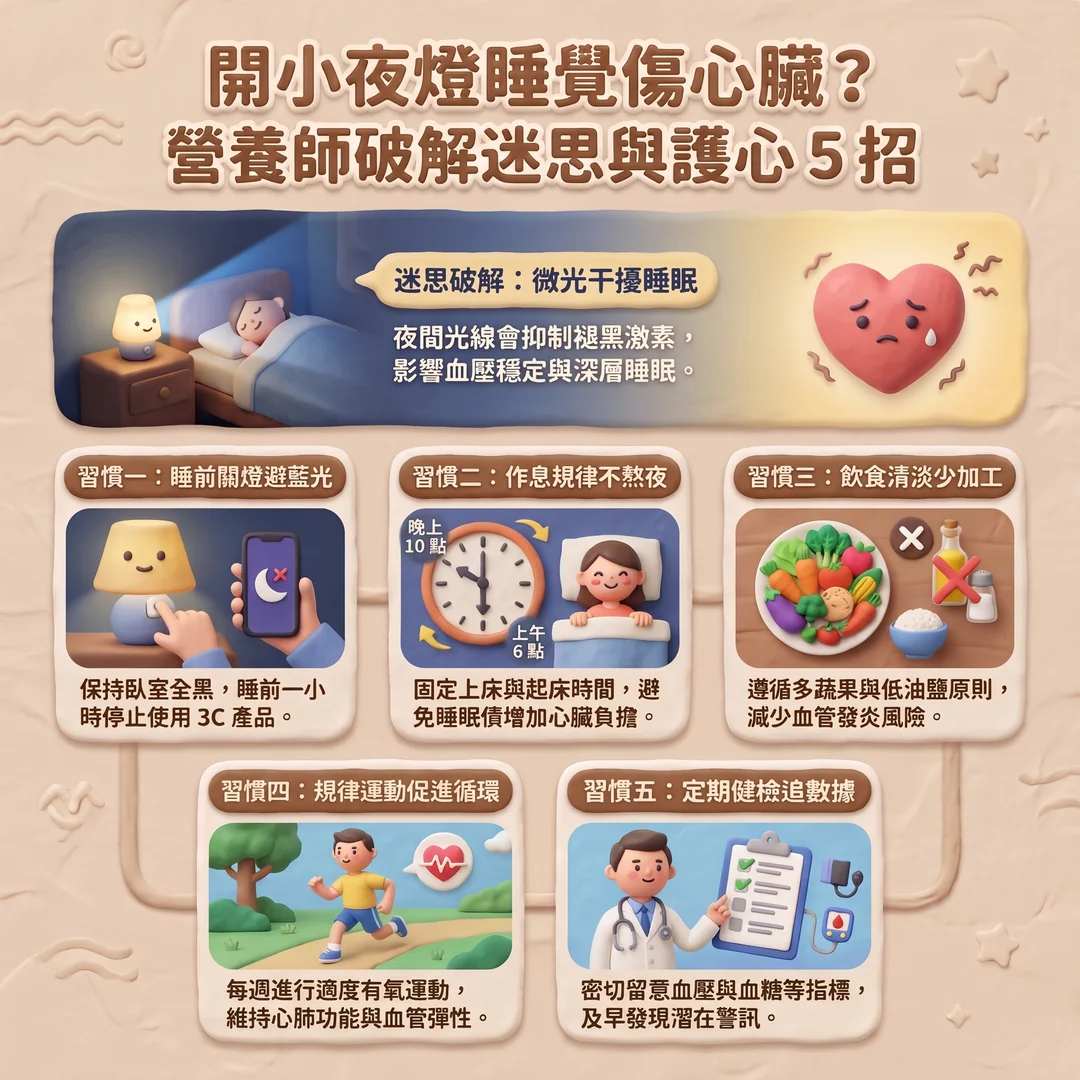 開夜燈傷心臟?護心5招(圖/AI生成製圖)